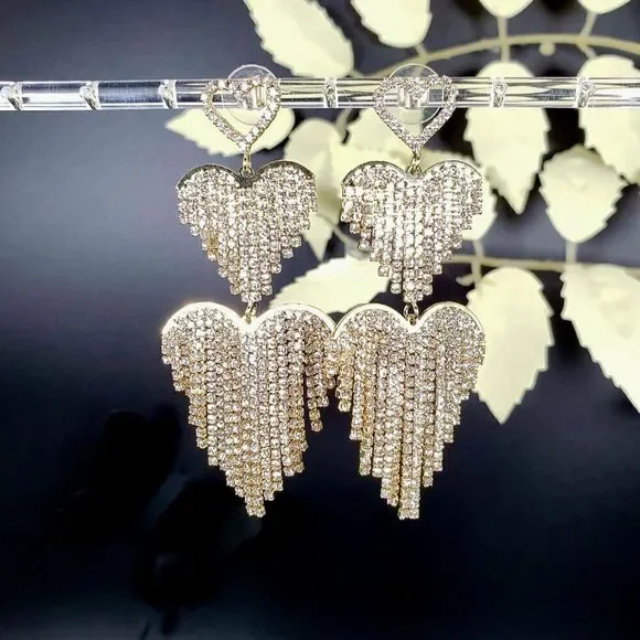 Brand New Gold Rhinestone Double Hearts Earrings - Picture 5 of 5